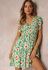 Jasnozielona Taliowana Sukienka Mini w Kwiaty z Gumką w Talii Teziovi. Zielone sukienki damskie Renee, bez wzorów, z wiskozy, bez ramiączek. W wyprzedaży za 47.99 zł.