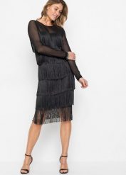 Sukienka midi z przewiewnego siatkowego materiału z frędzlami. Czarne sukienki damskie bonprix, bez wzorów, eleganckie, bez ramiączek. Za 189.99 zł.
