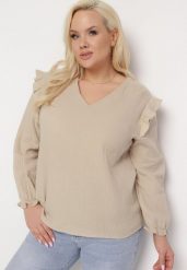 Beżowa Bluzka z Bawełny z Długim Rękawem i Falbanką Pixela. Brązowe bluzki damskie Born2be, l, z aplikacjami, z bawełny, eleganckie, bez kołnierzyka, bez ramiączek. Za 74.99 zł.
