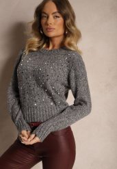 Ciemnoszary Casualowy Sweter z Bawełną i Cekinami Savintha. Szare swetry klasyczne damskie Renee, z bawełny, bez kołnierzyka. Za 69.99 zł.