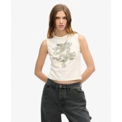 Koszulka bez rękawów vintage Superdry x Komodo. Białe koszulki damskie Superdry, bez wzorów, z bawełny, bez kołnierzyka, bez ramiączek. W wyprzedaży za 141.05 zł.