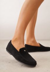 Czarne Mokasyny VICES z Wkładką ze Skóry Naturalnej i Metalicznym Elementem Alcimene. Czarne mokasyny damskie Renee, z materiału, z okrągłym noskiem, bez obcasa. Za 89.99 zł.
