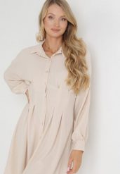 Beżowa Taliowana Sukienka Koszulowa Mini Arukini. Brązowe sukienki damskie Born2be, bez wzorów, bez ramiączek. W wyprzedaży za 33.99 zł.