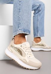 Beżowe Sneakersy z Noskiem z Siateczki i Wstawką Cekinową Tilrialls. Brązowe obuwie sportowe damskie Renee, bez zapięcia. Za 89.99 zł.