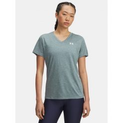 Koszulka fitness damska Under Armour V-Neck krótki rękaw. Niebieskie bluzki damskie Under Armour, bez wzorów, sportowe, bez kołnierzyka, bez ramiączek. Za 139.99 zł.
