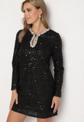 Czarna Koktajlowa Cekinowa Sukienka o Pudełkowym Kroju Sewilena. Czarne sukienki damskie Born2be, z aplikacjami, eleganckie, bez ramiączek. W wyprzedaży za 212.49 zł.