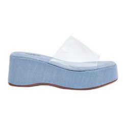Inna Klapki Damskie Z Transparentnym Paskiem Na Koturnie Jeansowe niebieskie. Niebieskie klapki damskie bez wzorów, z jeansu, bez obcasa, na koturnie, bez zapięcia. Za 146.62 zł.