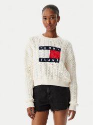 Tommy Jeans Sweter Intarsia Flag Badge DW0DW22317 Kremowy Regular Fit. Białe swetry klasyczne damskie Tommy Jeans, xs, z bawełny, bez kołnierzyka. Za 529.99 zł.