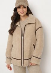 Beżowa Kurtka Oversize z Futerka Typu Baranek z Wysokim Kołnierzem z Paskiem z Klamrą Torisha. Brązowe kurtki damskie Born2be, l, bez wzorów, z jeansu, bez kaptura. Za 289.99 zł.