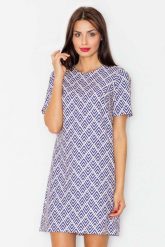 Żakardowa Sukienka o Linii „A” z Krótkim Rękawem - Wzór 33. Niebieskie sukienki damskie Figl, bez wzorów, z materiału, bez ramiączek. Za 259.00 zł.