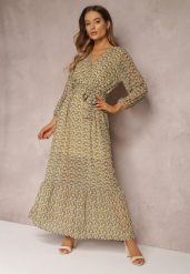 Żółto-Zielona Sukienka Kopertowa z Falbanką i Wiązanym Paskiem Gjerana. Żółte sukienki damskie Renee, bez wzorów, eleganckie, bez ramiączek. Za 99.99 zł.