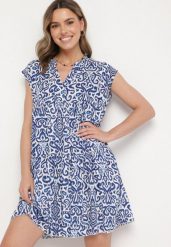 Niebieska Bawełniana Sukienka o Rozkloszowanym Kroju Oversize Liravina. Niebieskie sukienki damskie Born2be, bez wzorów, z bawełny, eleganckie, bez ramiączek. W wyprzedaży za 38.24 zł.