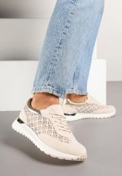 Beżowe Ażurowe Sneakersy na Podeszwie z Metaliczną Wstawką Neomira. Brązowe obuwie sportowe damskie Renee, z jeansu, bez zapięcia. Za 99.99 zł.