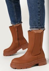 Brązowe Botki Workery na Grubej Podeszwie Phyleusa. Brązowe botki damskie Born2be, z dzianiny, bez obcasa, na obcasie, bez zapięcia. Za 109.99 zł.