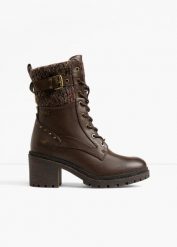 Kozaki sznurowane Mustang. Brązowe kozaki damskie bonprix, bez obcasa, na obcasie, bez zapięcia. Za 349.99 zł.