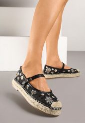 Czarne Espadryle z Siateczki na Plecionej Podeszwie Zdobione Haftem Evelritia. Czarne espadryle damskie Renee, z aplikacjami, z jeansu, bez obcasa. Za 74.99 zł.