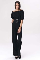 Czarny Elegancki Kombinezon z Szerokim Dekoltem. Czarne kombinezony damskie Nife, m, bez wzorów, z elastanu, eleganckie, bez kołnierzyka, bez ramiączek. Za 243.90 zł.