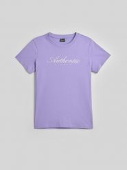 4F T-shirt regular z nadrukiem damski - fioletowy S. Fioletowe t-shirty damskie 4F, s, bez wzorów, z bawełny, bez kołnierzyka. Za 59.99 zł.