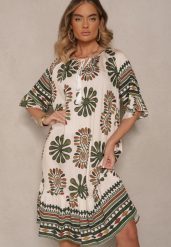 Ciemnozielona Pudełkowa Sukienka z Wiskozy w Abstrakcyjny Wzór Revirelle. Zielone sukienki damskie Renee, bez wzorów, z materiału, eleganckie, bez ramiączek. W wyprzedaży za 55.99 zł.