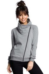 Sportowa Bluza Zapinana na Ukośny Zamek - Szara. Szare bluzy damskie MOE, l, bez wzorów, z bawełny, bez kaptura. Za 273.90 zł.