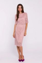 Elegancka ołówkowa dwuczęściowa sukienka koronkowa różowa. Czerwone sukienki damskie Stylove, bez wzorów, z koronki, eleganckie, bez ramiączek. Za 449.00 zł.
