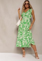 Zielona Wiskozowa Kwiatowa Sukienka Wykończona Gumką w Pasie o Rozkloszowanym Kroju Keranea. Zielone sukienki damskie Renee, bez wzorów, z wiskozy, eleganckie, bez ramiączek. W wyprzedaży za 55.99 zł.