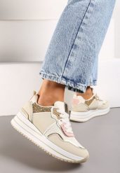 Beżowe Sneakersy na Grubej Podeszwie Ozdobione Brokatem Petasse. Brązowe obuwie sportowe damskie Born2be, bez zapięcia. Za 59.99 zł.