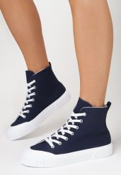 Granatowe Trampki Nemadia. Niebieskie trampki damskie Born2be, z aplikacjami, z gumy, za kostkę, bez zapięcia. Za 99.99 zł.