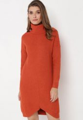 Czerwona Sweterkowa Sukienka z Golfem i Asymetrycznym Dołem Elisane. Brązowe sukienki damskie Born2be, bez wzorów, eleganckie, bez ramiączek. W wyprzedaży za 67.99 zł.