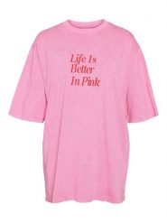 Noisy may Koszulka "Polly" w kolorze różowym rozmiar: L. Różowe bluzki damskie Noisy may, l, bez wzorów, z bawełny, bez kołnierzyka, bez ramiączek. Za 88.23 zł.