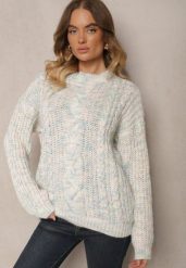 Jasnobeżowy Sweter z Wełną Ozdobiony Tłoczeniem Ecrisevia. Brązowe swetry klasyczne damskie Renee, z jeansu, bez kołnierzyka. Za 69.99 zł.