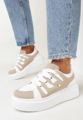 Biało-Beżowe Sneakersy na Platformie Revin. Białe obuwie sportowe damskie Born2be, bez zapięcia. Za 99.99 zł.