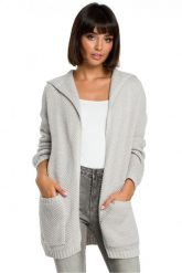 Dłuższy sweter kardigan bez zapięcia z kapturem. Brązowe kardigany damskie Polskie swetry, s, bez wzorów, z jeansu. Za 259.00 zł.