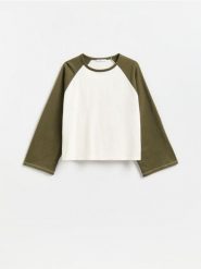 Bawełniana bluza boxy - jasny zielony. Zielone bluzy damskie Reserved, l, bez wzorów, z bawełny, bez kaptura. Za 79.99 zł.