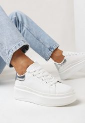 Biało-Srebrne Gładkie Sneakersy z Ekoskóry na Grubej Podeszwie ze Sznurowaniem Avara. Białe obuwie sportowe damskie Born2be, bez zapięcia. Za 84.99 zł.
