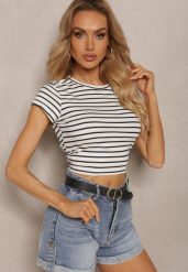 Biały Prążkowany T-shirt z Bawełny o Krótkim Kroju Zolira. Białe t-shirty damskie Renee, l, bez wzorów, z bawełny, bez kołnierzyka. Za 39.99 zł.