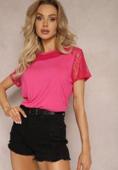 Różowa Bluzka z Wiskozy Ozdobiona Siateczką i Koronką Tinklea. Czerwone bluzki damskie Renee, m, bez wzorów, z koronki, bez kołnierzyka, bez ramiączek. Za 44.99 zł.