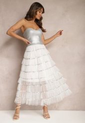 Biała Rozkloszowana Spódnica Maxi z Falbankami i Cekinami Noobi. Białe spódnice damskie Renee, m, bez wzorów, z materiału, eleganckie, maxi. Za 89.99 zł.