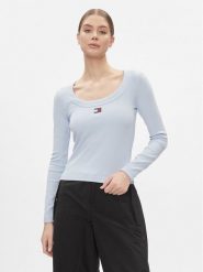 Tommy Jeans Bluzka Tjw Slim Badge Rib Tee Ls DW0DW17397 Błękitny Slim Fit. Niebieskie bluzki damskie Tommy Jeans, xxs, bez wzorów, z bawełny, bez kołnierzyka, bez ramiączek. W wyprzedaży za 119.99 zł.
