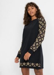 Sukienka dresowa z nadrukiem. Czarne sukienki damskie bonprix, bez wzorów, z dresówki, bez ramiączek. Za 139.99 zł.