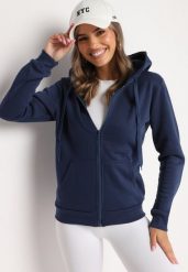 Granatowa Bluza z Kapturem Sithi. Niebieskie bluzy damskie Born2be, l, bez wzorów, z jeansu, z kapturem. Za 54.99 zł.