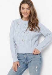 Jasnoniebieski Sweter o Klasycznym Kroju z Haftowanymi Kwiatami Chasane. Niebieskie swetry klasyczne damskie Born2be, m, z bawełny, bez kołnierzyka. Za 89.99 zł.