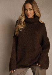 Brązowy Oversizowy Golf z Dodatkiem Wełny i Wiskozy Tenafera. Brązowe golfy damskie Renee, s, bez wzorów, z dzianiny, bez ramiączek. Za 169.99 zł.