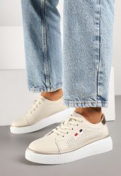 Beżowe Sneakersy ze Skóry Naturalnej Ozdobione Perforacją Halaviona. Brązowe obuwie sportowe damskie Born2be, z jeansu, bez zapięcia. Za 179.99 zł.