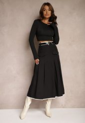 Czarna Spódnica High Waist z Plisami Wykończona Imitacją Kieszeni i Paskiem Evilenes. Czarne spódnice damskie Renee, do pracy, l, bez wzorów, biznesowe, midi. Za 89.99 zł.
