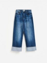 Jeansy wide leg z podwinięciem - niebieski. Niebieskie jeansy damskie Reserved. Za 199.99 zł.