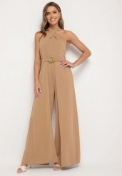 Ciemnobeżowy Koktajlowy Kombinezon Wiązany na Szyję z Paskiem Melafela. Brązowe sukienki damskie Born2be, bez wzorów, eleganckie, bez ramiączek. Za 169.99 zł.