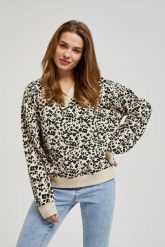 Wzorzysta bluza z dekoltem w serek i długimi rękawami beżowa. Brązowe bluzy damskie MOODO, l, bez wzorów, bez kaptura. W wyprzedaży za 32.99 zł.