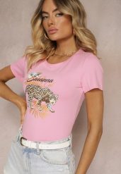 Różowy Bawełniany T-shirt ze Zwierzęcym Nadrukiem Zeliflea. Czerwone t-shirty damskie Renee, l, bez wzorów, z bawełny, bez kołnierzyka. Za 29.99 zł.