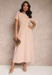 Różowa Sukienka o Rozkloszowanym Kroju z Ozdobnym Paskiem Desiliena. Czerwone sukienki damskie Renee, bez wzorów, z denimu, eleganckie, bez ramiączek. Za 99.99 zł.